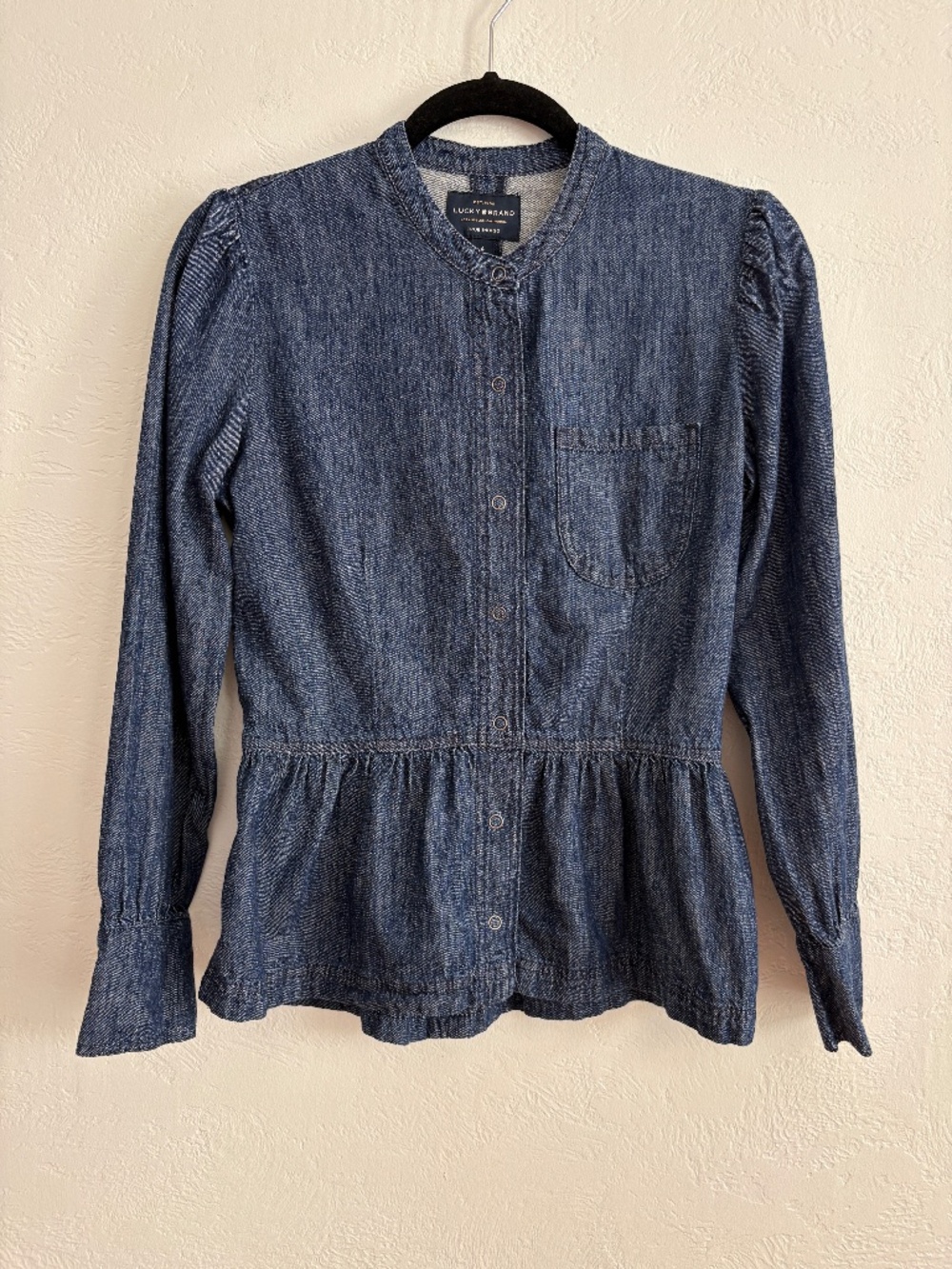 Lucky Brand Puff Button DownPuff Sleeve Peplum Chambray Top